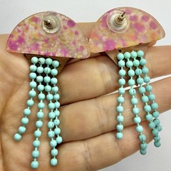 Vtg RARE 80s Post Modern Pop Art Pink Resin Blue Tassel Statement Earrings Post