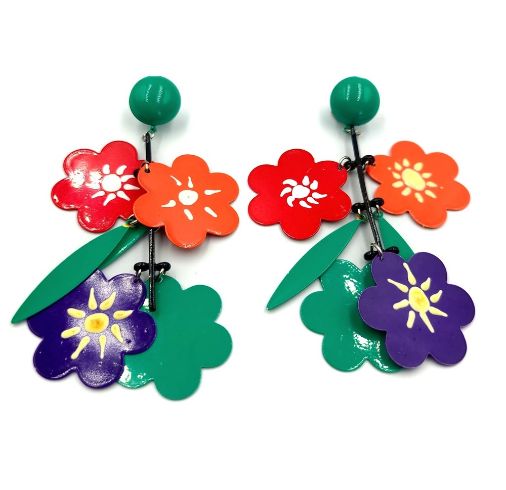 Vintage Flower Geometric Multi-Tier Dangle Metal Earrings 80s Colorful Mod
