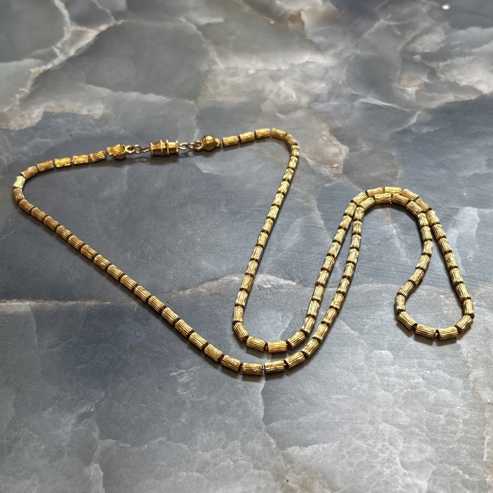 Vintage 1960s Modernist Gold Tone Cylinder Bead Layering Necklace 24 Inch