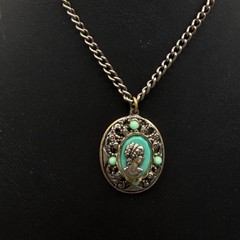 Necklace Cameo Pendant Victorian Art Deco Silver Tone 16 inches