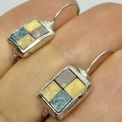 Vtg Boho Mosaic Tile Silvertone Leverback Drop Earrings