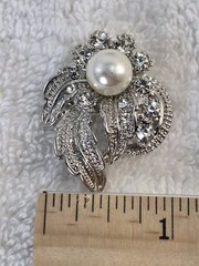 Vintage Silver Leaf Faux Pearl Flower Brooch with Rhinestones 1.25 inch