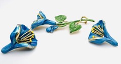 Vintage 1980’s Gold Plated Blue & Yellow Enamel Flower Brooch & Earrings Set