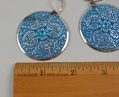 Silver Tone Pierced Wire Hook Earrings Large Round Blue Medallion 1.75″ Across