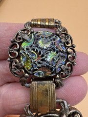 Vtg Judy Lee Peacock Carnival Art Glass Panel Bracelet Renaissance Revival