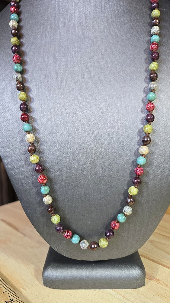 Vintage Dyed Stone Hand Knotted Beaded Necklace Multicolor Handmade