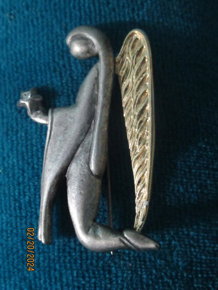 LIZ GATTA Angel Pin Brooch Silver Pewter GOLD TONE Signed Safety Catch Designer