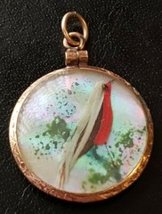 Victorian Era Double Sided Bird Feather on MOP Scene Pendant Gold Filled Frame