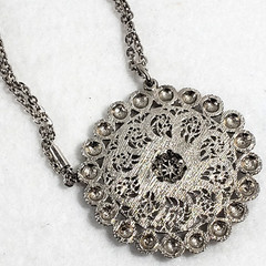 Vintage Silver Tone Filigree Pendant Necklace 26 in Curb Chain Retro Boho