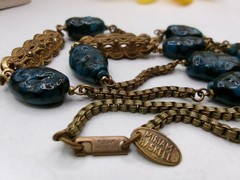 RARE SIGNED Miriam Haskell BLUE Glass BEADS Gold Tone Necklace~36 Inches Long