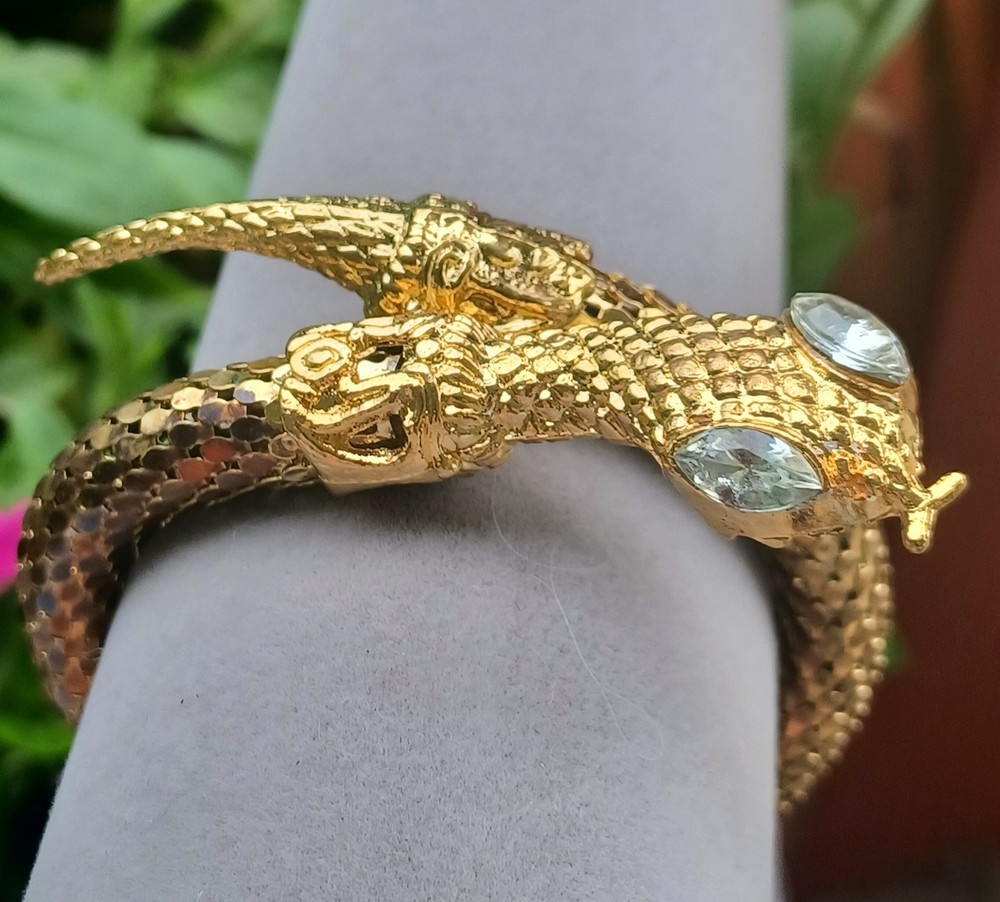 Vintage 70’s Goldtone Brass Mesh Coil Snake Bracelet Rhinestone eyes