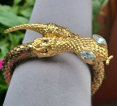 Vintage 70’s Goldtone Brass Mesh Coil Snake Bracelet Rhinestone eyes