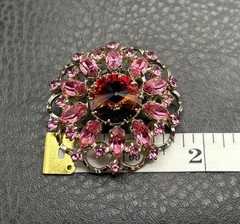 Vintage Rivoli Aurora Borealis Pink Rhinestone Brooch Pin Filigree Silver Tone