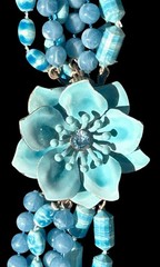 Vintage MCM 7 Strand Beaded Necklace w/ Enamel Floral Clasp & Clip On Earrings