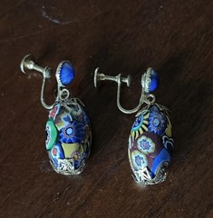 Vintage Murano Millefiori Glass Bead Drip Earrings Gold Tone Twist Back