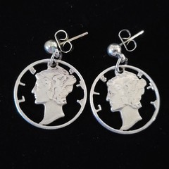 Mercury Dime Cutout Pierced Earrings Vintage .900 Silver Dangle Earrings