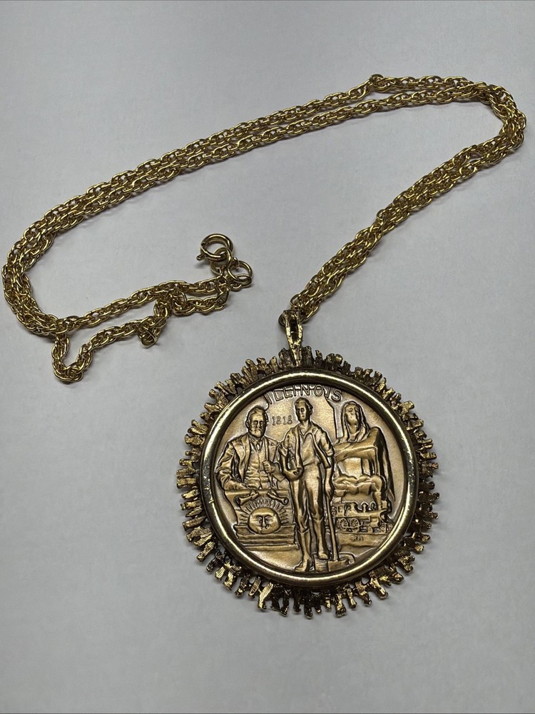 Official 1974 Illinois Medallion US Bicentennial 1776-1976 Coin Pendant 24”Chain