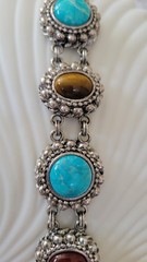 RJ Graziano Faux Turquoise Tigers Eye Carnelian Link Bracelet, Southwestern Silv