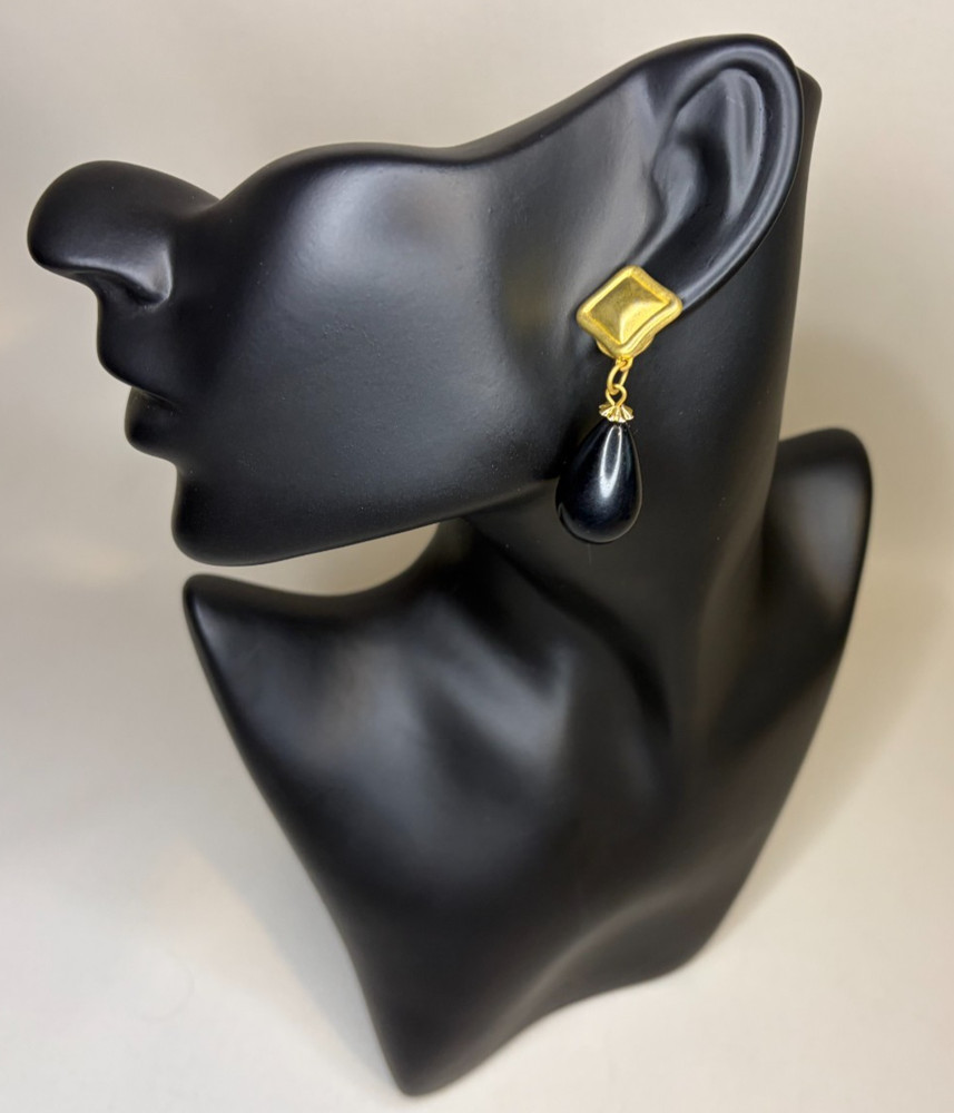 Vintage 80s Brushed Gold Jet Black Teardrop Dangle Stud Earrings Geometric 1.75”