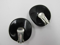 Large Black Lucite Flush Set Rhinestone Clip Earrings Mid-Century Vintage