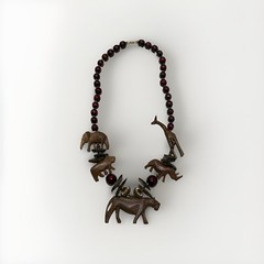 Vintage Hand Carved Wood African Safari Animal Statement Necklace Leopard Lion