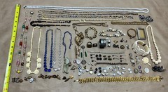Nice Lot of Antique Jewelry – Glass Beads, Rhinestones, Hand Carved
