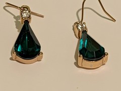 VINTAGE Simulated Emerald / Diamonds Drop EARRINGS Gold Tone Signed Roman (RMN)