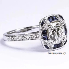 Art Deco Style Lab Created Diamond & Sapphire Engagement 14K White Gold FN Ring