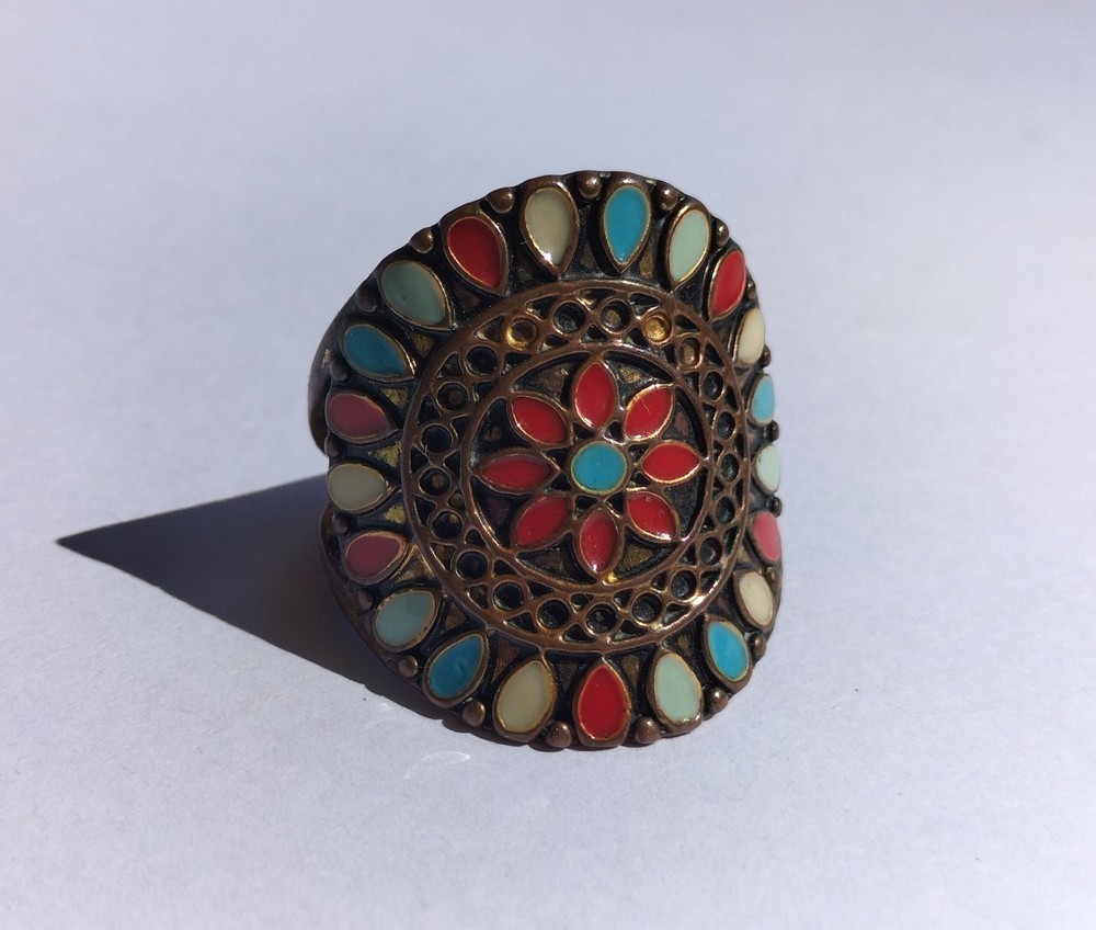 Vintage Handmade Copper Cloisonne Enamel Ring, Size P (17.75 mm) 7.2 g