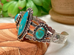 Fred Harvey Era Bell Trading Post Turquoise Three Stone Sterling Cuff Bracelet