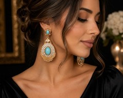 Vintage Gold Tone Turquoise Statement Drop Earrings with Rhinestone Accents