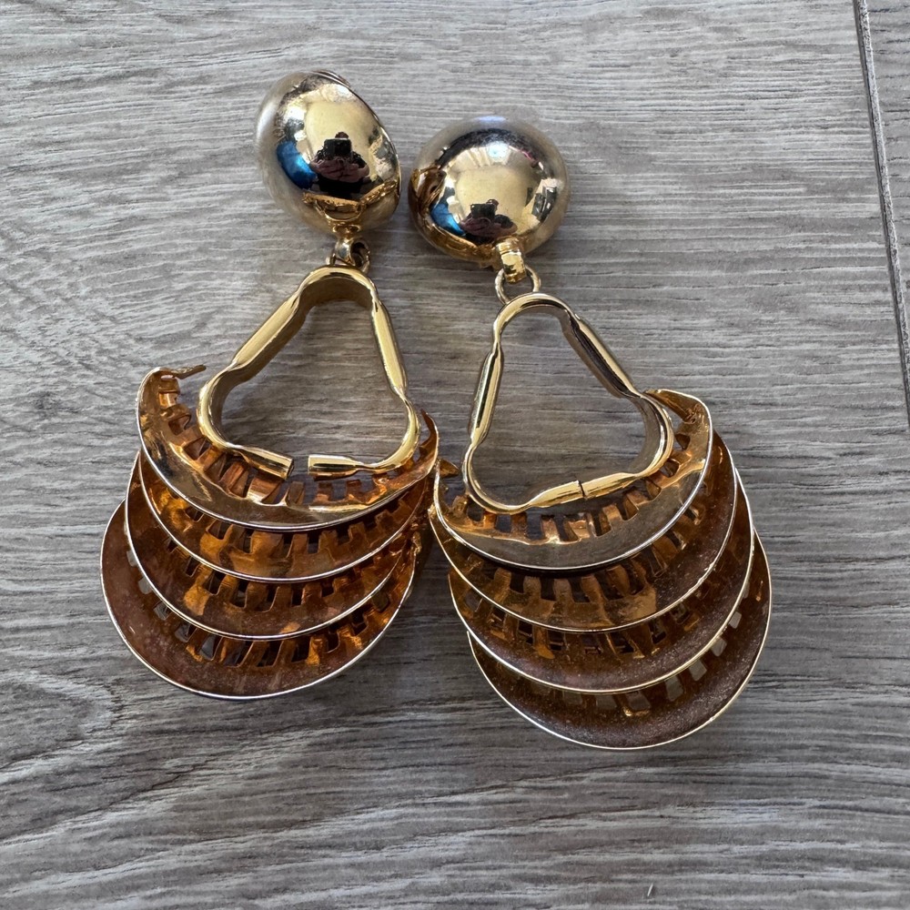 Vintage Gold Tone Tiered Chandelier Clip On Statement Earrings 80s Glam