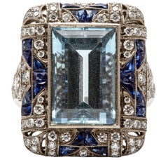 Classic 20TH Century Filigree Style Old Mine Cut Aquamarine, Sapphire & CZ Ring