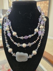 Vintage Tripple strand Purple Stone Pearl Glass Bead Necklace