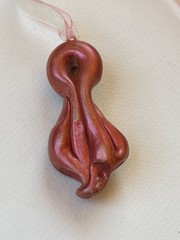 Handmade Green & Iridescent Coral Polymer Clay Mystical Face Pendant w Silk Ribb