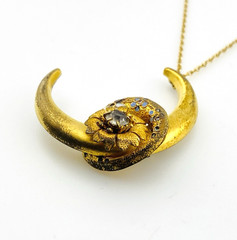 Antique Victorian Crescent Moon Brooch Pendant Glass Gold Filled Necklace
