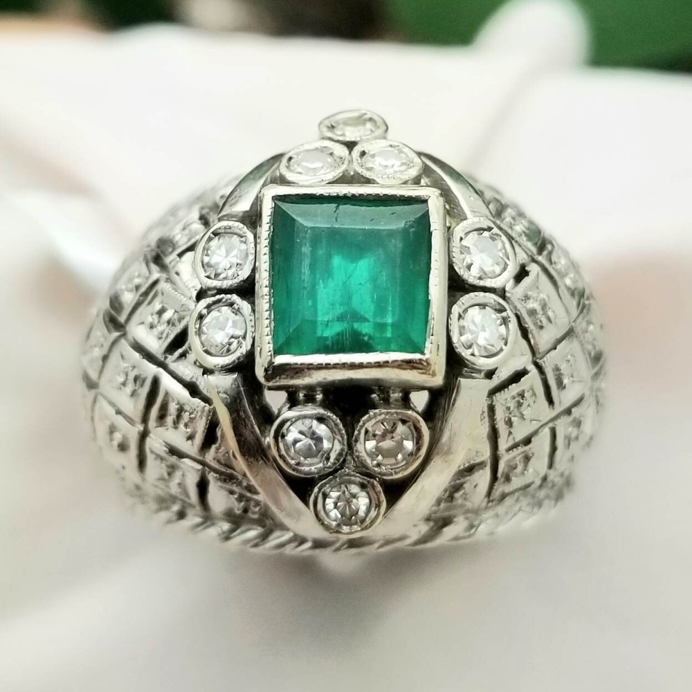 18K White Gold Large 1CT Colmbian Emerald Diamond Cocktail Dome Ring-1960s