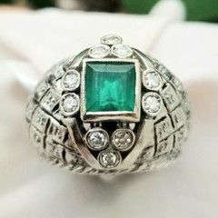 18K White Gold Large 1CT Colmbian Emerald Diamond Cocktail Dome Ring-1960s