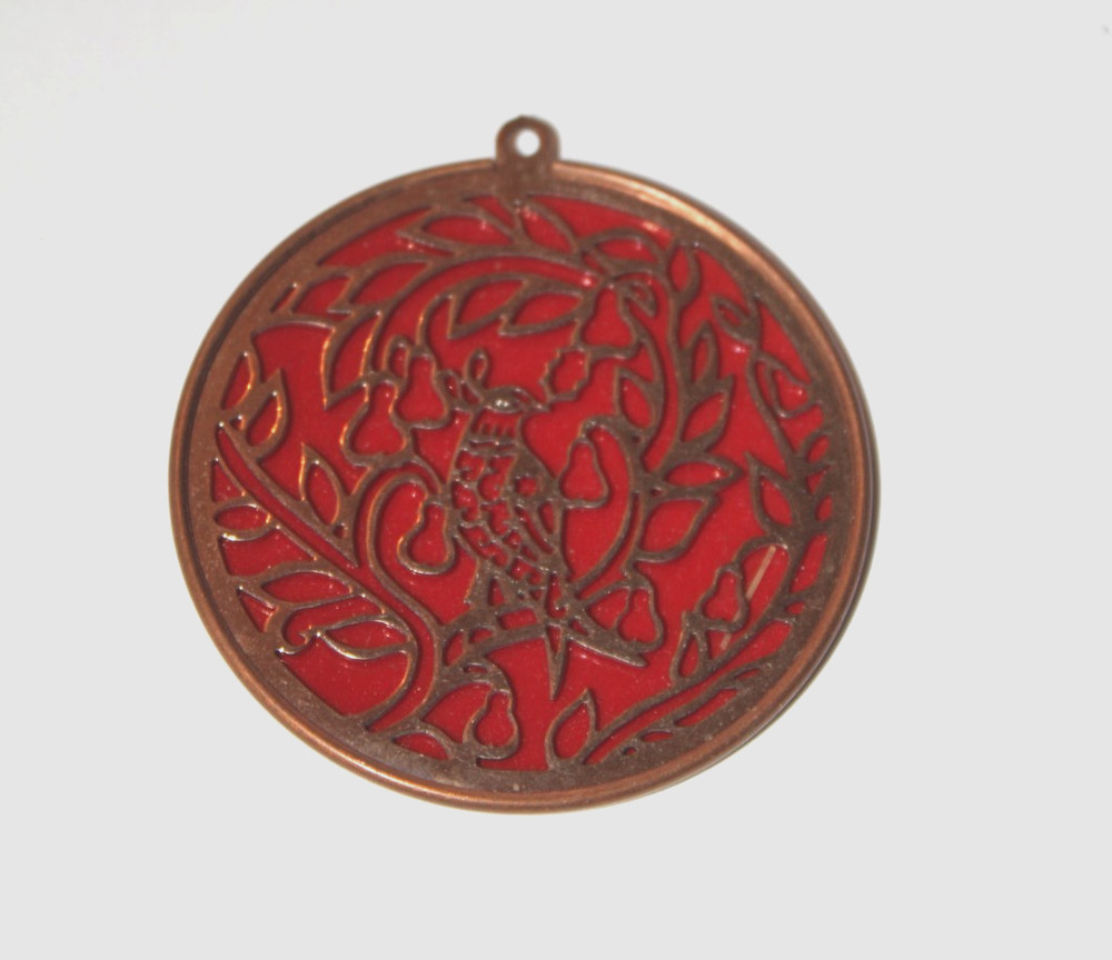 Vintage Copper Pendant Marked CG 1978 Bird Design Red Background