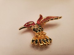 Hummingbird Brooch Features Gold-Tone Finish With Red And Black Enamel Detailing