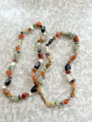 Lot of 2 Vintage Beggars Bead Necklace Polished Stone Multicolor 16 inch Barrel