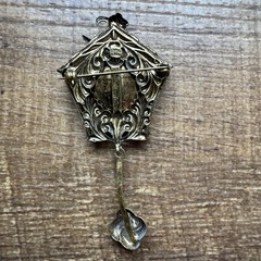 Vintage 1930s Signed Czech Dangle Pendulum Clock Brooch Glass Enamel & Porcelain