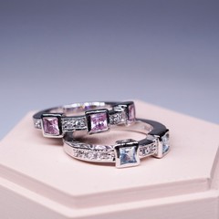 1990’s 18K White Gold-Plated Pink and Blue square stone 2 ring stack