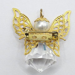 Angel Filigree Wings Gold Tone Faux Pearl Acrylic Vintage Pendant Brooch Pin