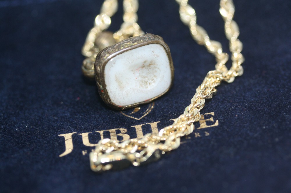1890s Seal Pendant Roman Greek Emperor Intaglio Solid 10K Gold 3 MM Necklace 18″