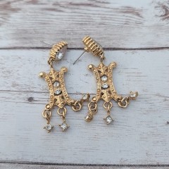 Vintage Earrings for Pierced Ears Ornate Gold Tone & Clear Gem Statement Dangle