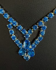 Vintage KARU Blue Rhinestone V Design Silver Tone Choker Necklace Signed 17”
