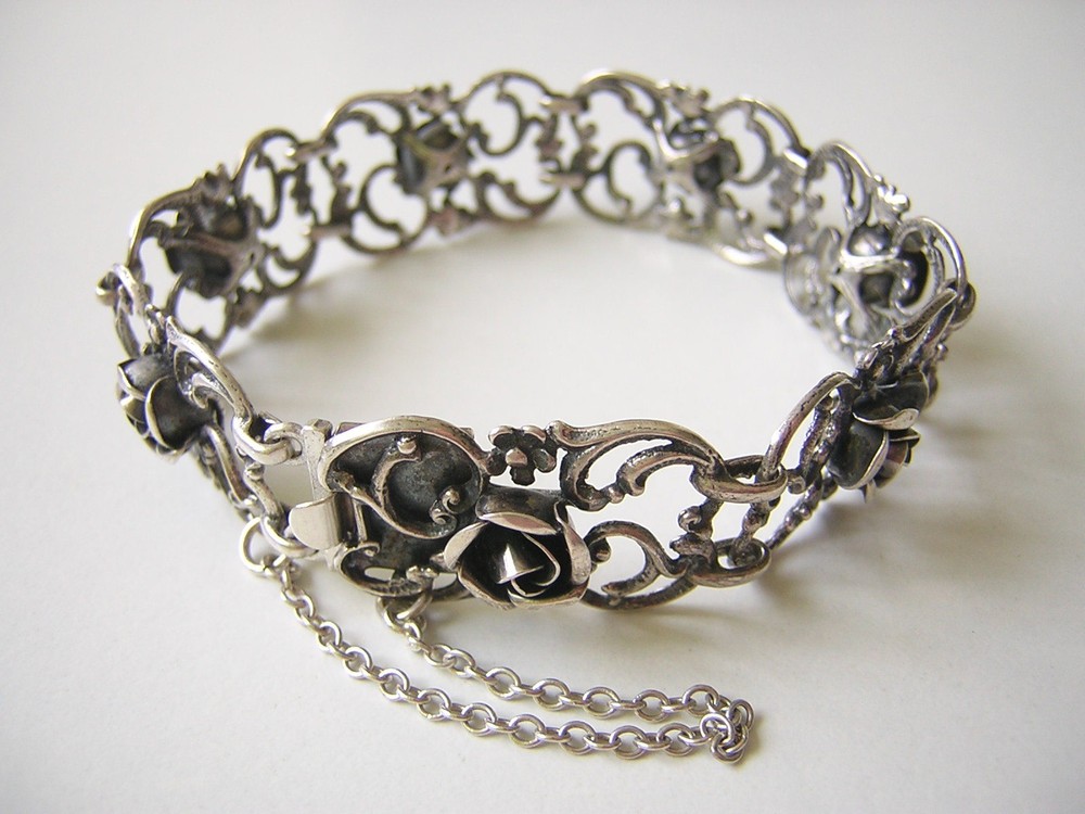835 Silver Bracelet Rose Applications Theodor Klotz TEKA Pforzheim 23.6 g/20 cm