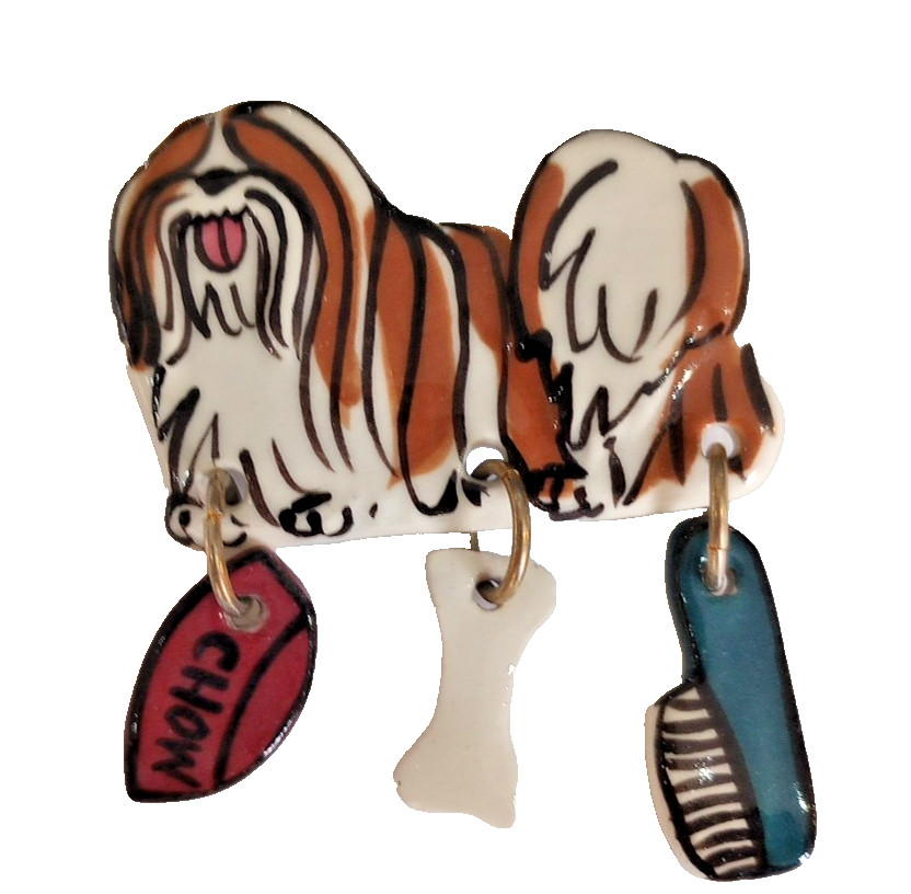 Vtg Artist Signed Shih Tzu or Lhasa Apso Ceramic Brooch w Charms Dish Bone Brush