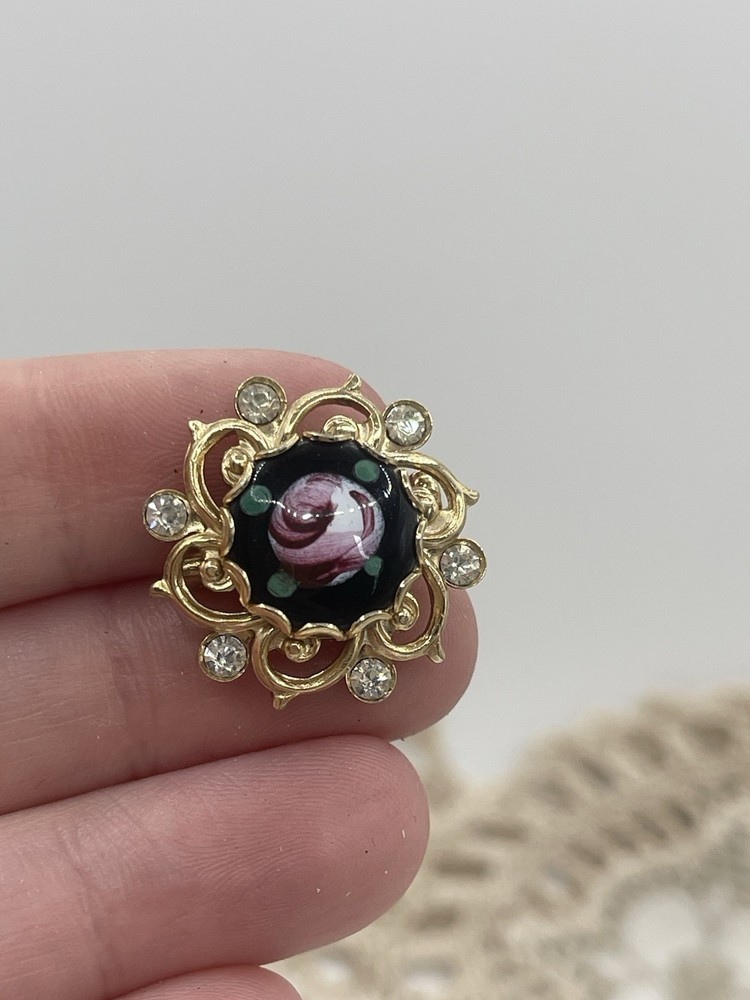Small Painted Rose Cabochon and Rhinestone Brooch Lapel Pin